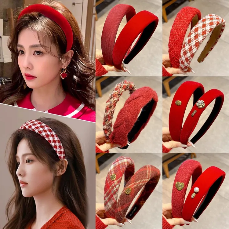 新年高颅顶复古圣诞红色发箍女秋冬高级网红压发头箍宽边发卡头饰