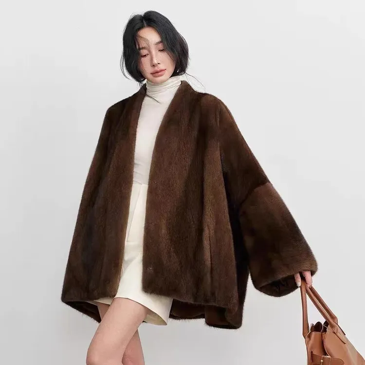 新款秋冬宽松阔版水貂毛真毛外套加肥加大女装高级气质天鹅绒整皮
