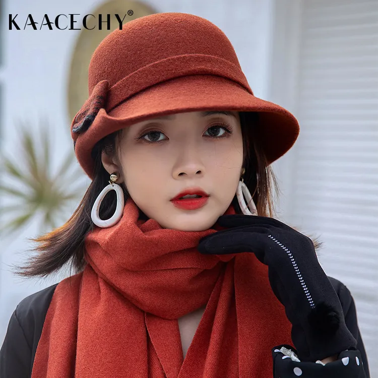 羊毛帽子女款2026新款优雅柔软保暖渔夫帽百搭显脸小蝴蝶结盆帽