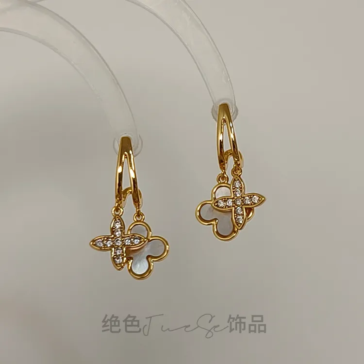 铜合金耳饰 四叶草金色锆石小众耳环时尚百搭轻奢气质灵动925银针