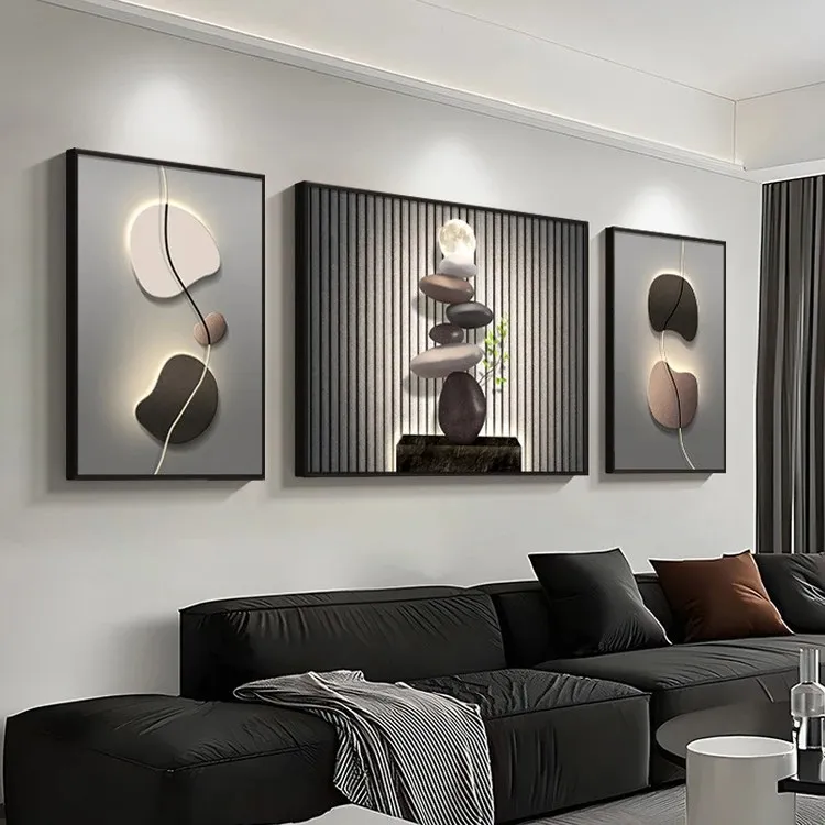 石来运转客厅装饰画高级感黑白灰抽象沙发背景墙三联画砂岩挂画