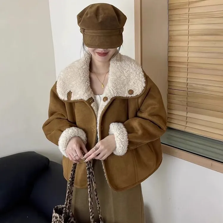 薄款韩系两面穿羊羔毛外套女冬季新款感加厚翻领皮毛一体毛毛上衣