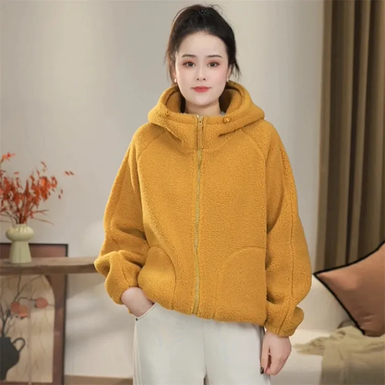 【沐沐】冬季时尚休闲加绒加厚颗粒绒保暖连帽外套