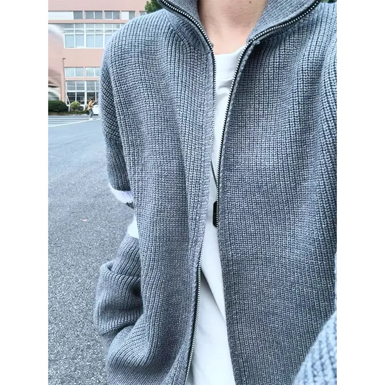 条纹立领针织开衫外套男款秋季慵懒风双拉链毛衣高级感情侣装夹克