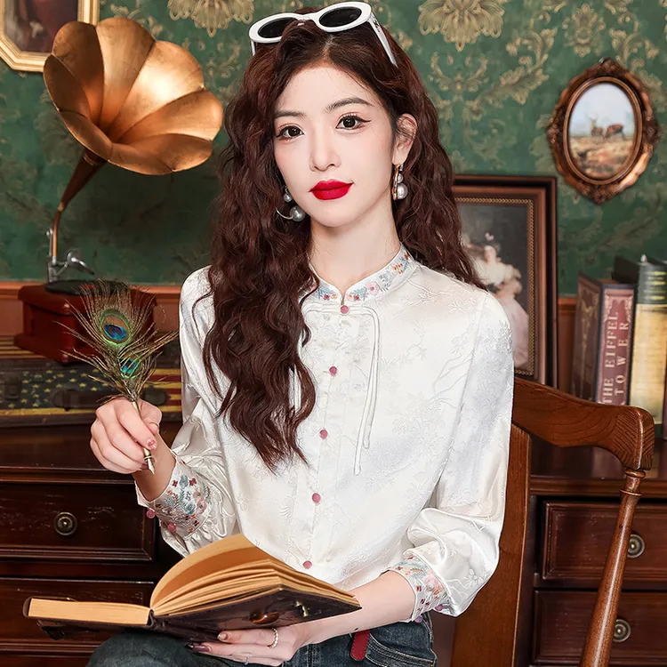 新中式气质国风衬衫优雅女复古刺绣白色衬衣盘扣唐装汉服上衣