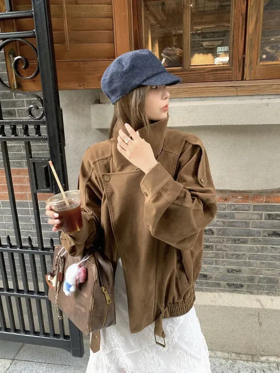 《酷女孩》春秋新款美拉德棕色夹克外套女复古廓形麂皮绒机车服上衣