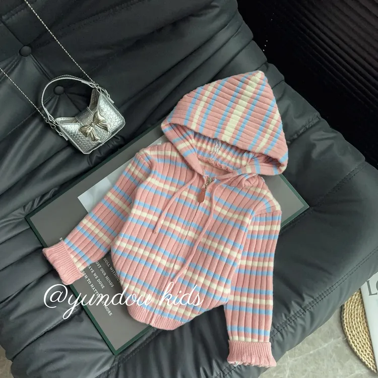 【针织毛衣外套】秋冬季女童连帽针织衫拉链外套条纹毛衣长袖韩版