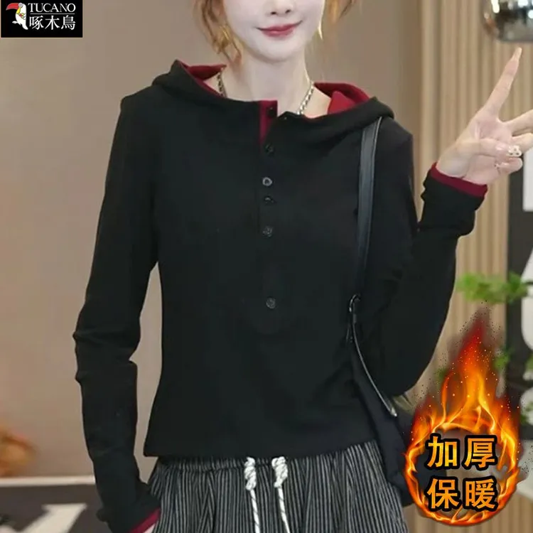 啄木鸟正品2025秋冬长袖女连帽T恤保暖打底休闲修身小众百搭上衣