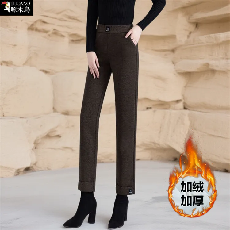 啄木鸟秋冬加绒加厚直筒裤高腰拼接设计新款显瘦时尚百搭九分裤女