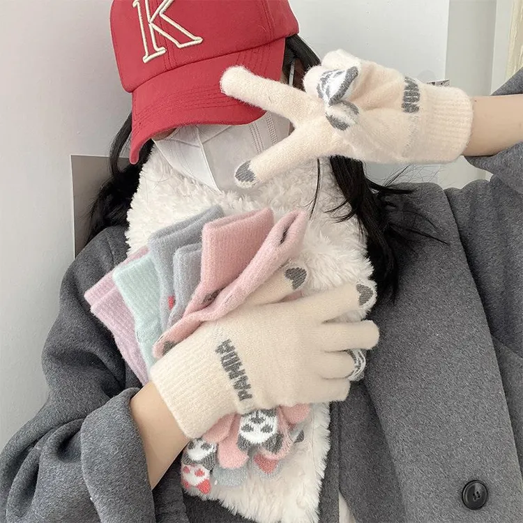 卡通触屏手套冬天骑车加厚防风保暖针织五指熊猫可爱毛线手套
