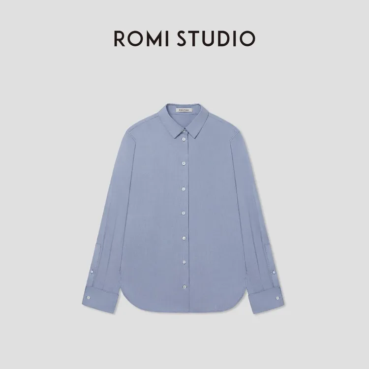 ROMI STUDIO极简随性高支全棉浅蓝色翻领长袖衬衫薄款RWCSST1826