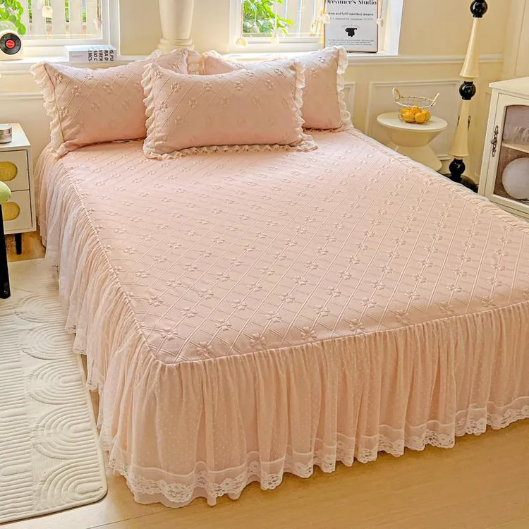 2025新款夏季3D凉感冰豆豆蕾丝双层床裙款凉席单双人冰丝三件套