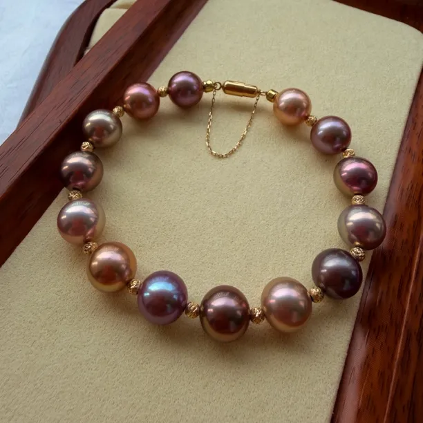 淡水珍珠手链金属光金属色高品正圆无暇 通体18k金配件 点位10mm 