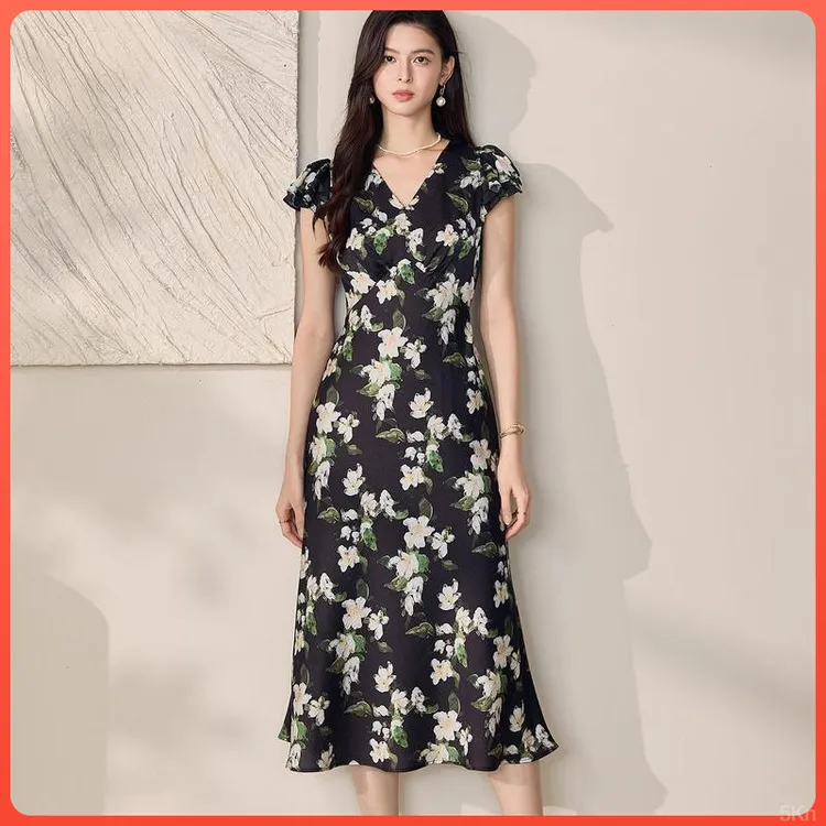 名缕女装荷叶袖2025夏季新款V领优雅时尚中长裙时尚收腰连衣裙女