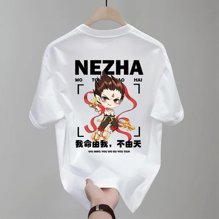 2025款夏季国潮个性哪吒敖丙印花纯棉圆领短袖T恤男士百搭半袖t恤