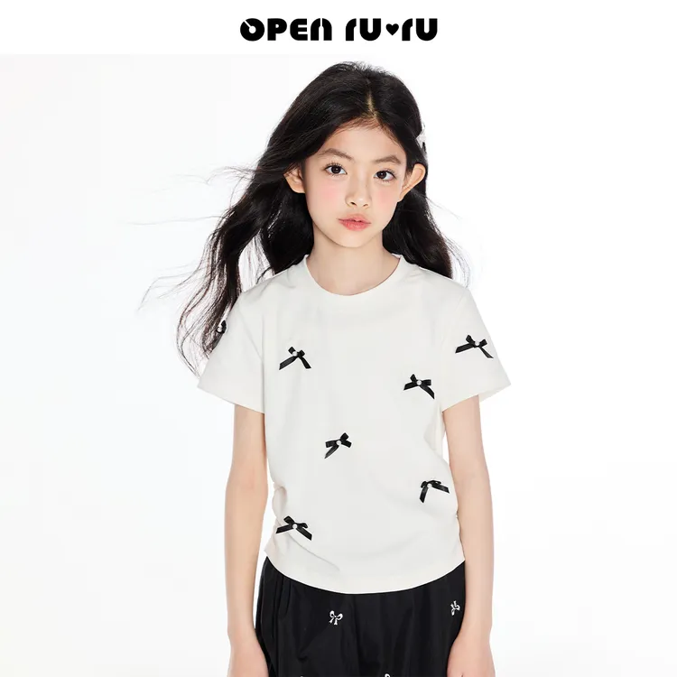 Opennunu女童立体蝴蝶结短袖T恤夏季中大童圆领印花修身短款上衣