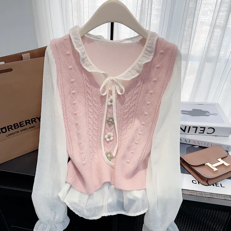 甜美喇叭袖雪纺长袖衬衫针织背心马甲套装女学院风两件套2025春秋