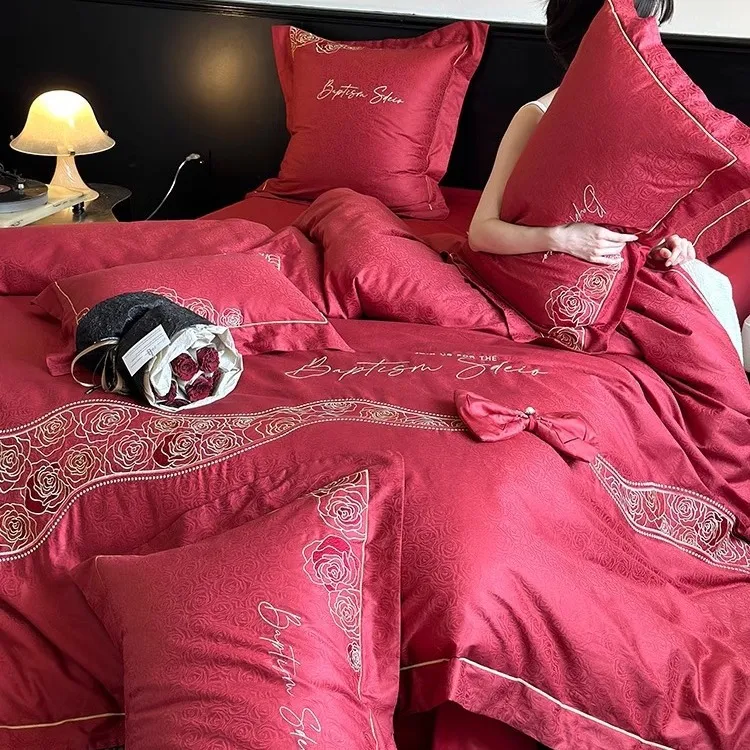 高级感婚庆100S长绒棉提花款四件套玫瑰刺绣全棉结婚被套床上用品