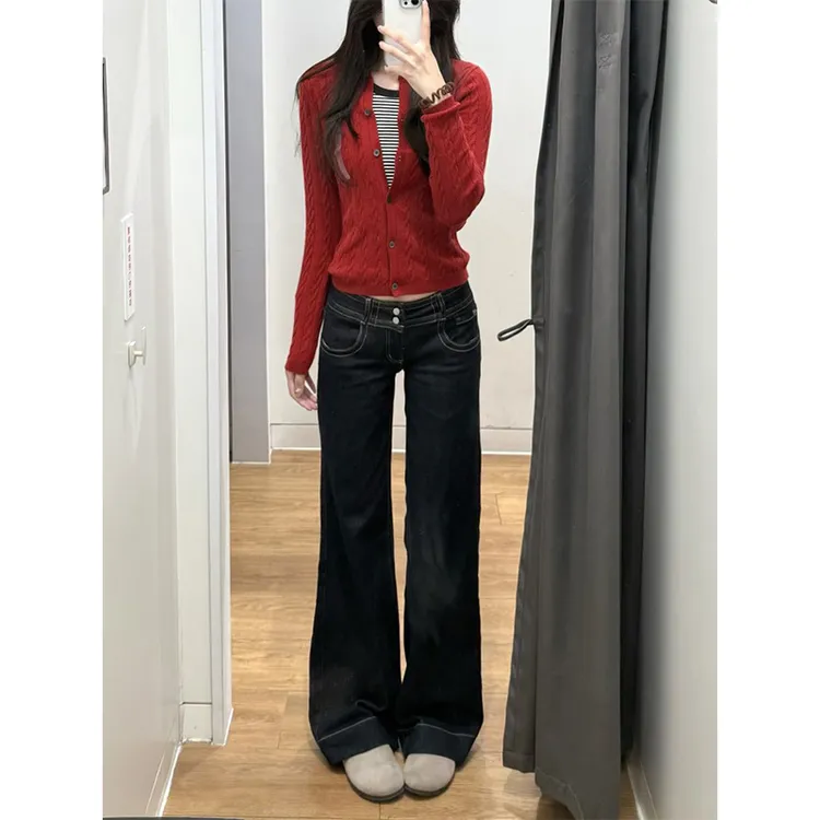 原牛窄版微喇叭牛仔裤女秋季新款复古辣妹低腰修身显瘦直筒长裤子
