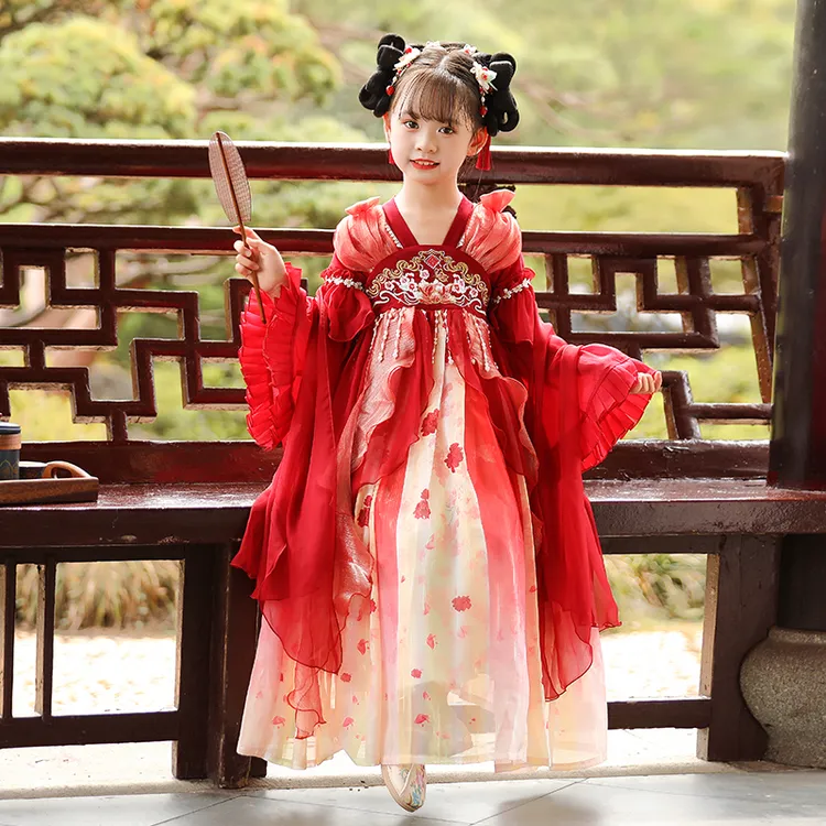 hls8803女童汉服国风中大童连衣裙儿童春秋长袖小女孩新中式裙子