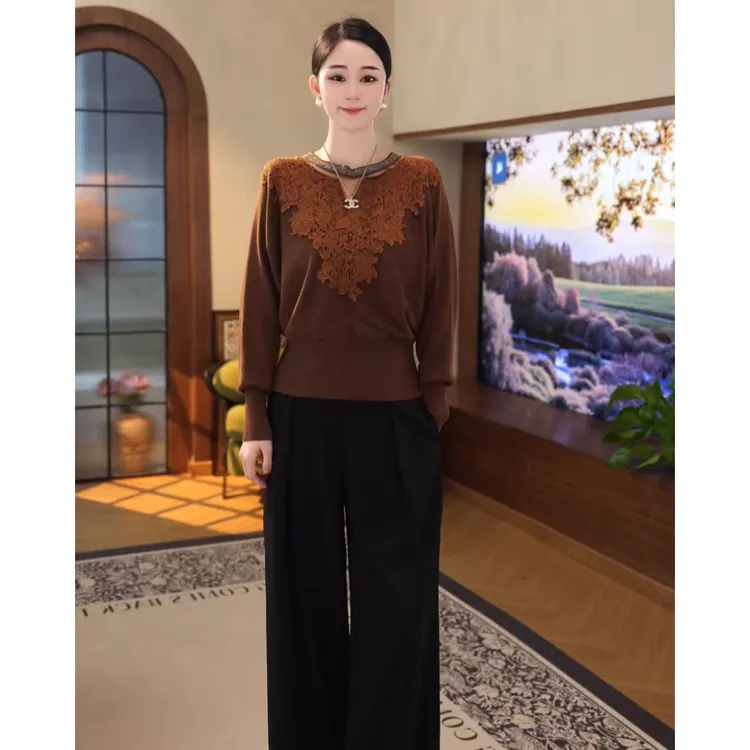 2025秋冬新款【QQ-1236JR】醋酸天丝毛洋气咖色圆领烫钻针织毛衣