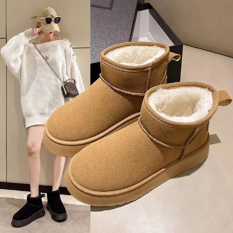 加绒雪地靴女厚底2025年冬季新款皮毛一体短筒靴加厚保暖大棉鞋C