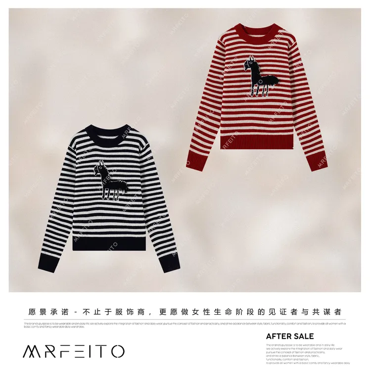 MRFEITO【条纹小马】圆领条纹撞色小马针织衫/毛衣H22M02D36116