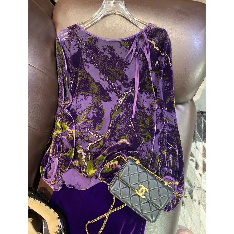 【漫天星辰不及你】重磅桑蚕丝丝绒上衣大圆领插肩灯笼袖气质上衣