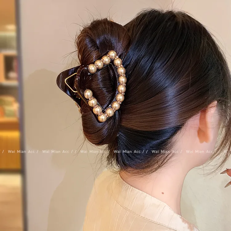 韩版时尚香槟色珍珠扇形抓夹女高级感镶钻鲨鱼夹发量少全盘发夹新
