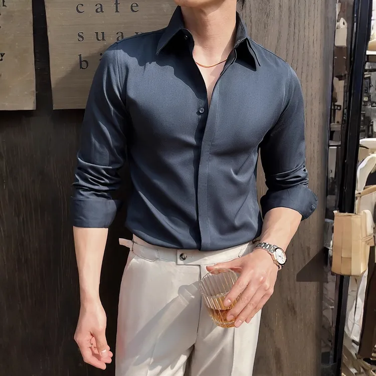 莱蒙璀法式尖领暗扣衬衫男长袖春秋季高级感潮流时尚商务休闲衬衣