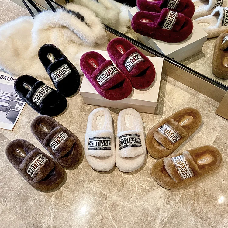 厚底韩版字母毛毛拖鞋2025秋冬新款软底防滑一字百搭毛绒棉拖爆款
