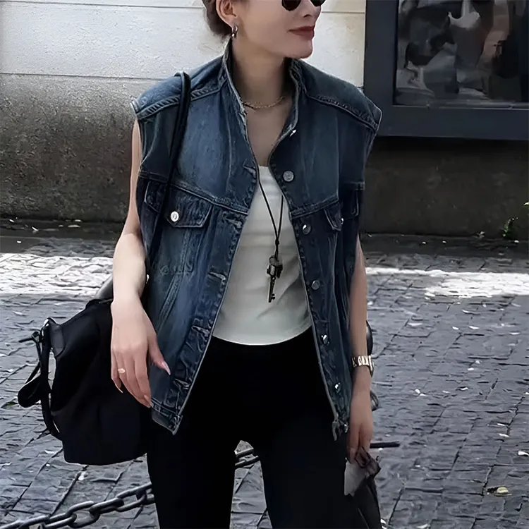 法式独特设计感无袖牛仔马甲女2025新款夏季轻奢开衫立领洋气上衣