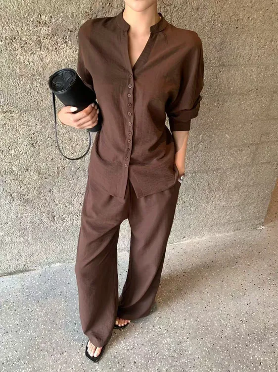 极简老钱风套装优雅时髦衬衫长袖显瘦高腰系带气质休闲裤两件套装