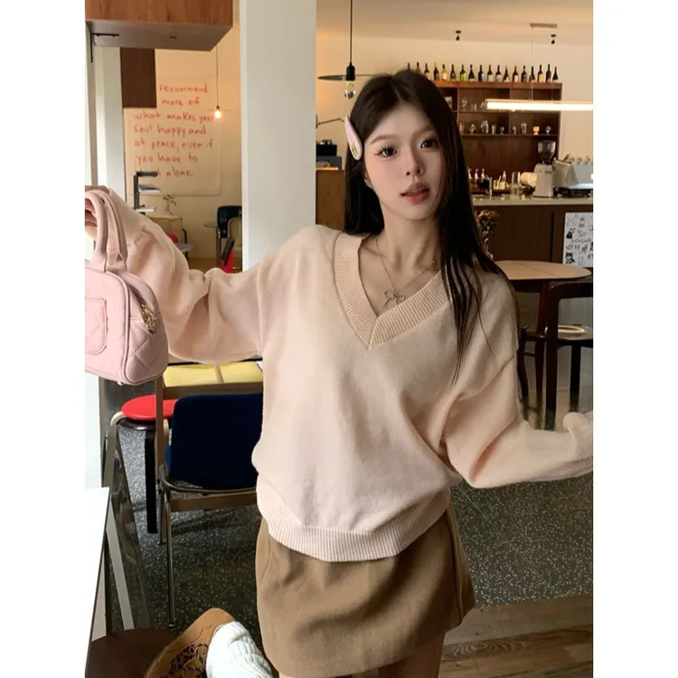 粉红v领大版毛衣女秋季新款洋气设计感小个子休闲宽松针织上衣