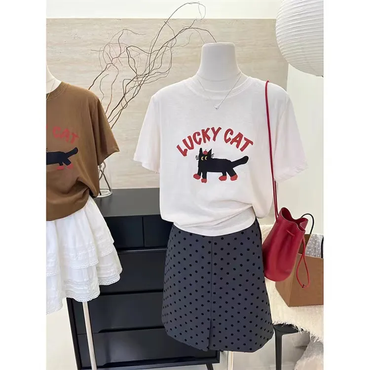 夏季新款韩版宽松减龄卡通猫印花短袖T恤女时尚休闲百搭半袖上衣