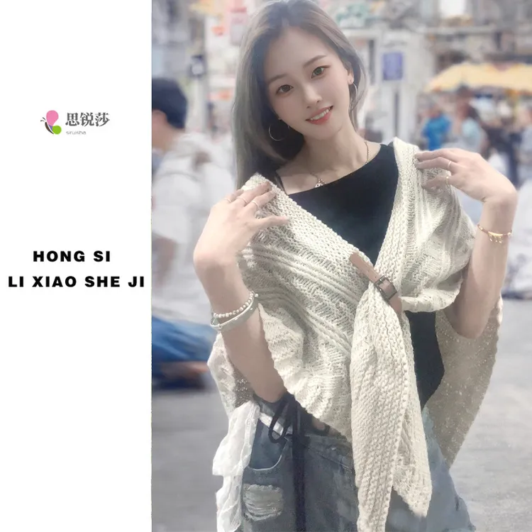 2025韩版纯色针织披肩女斗篷披风带皮扣护颈围脖针织毛线三角披肩