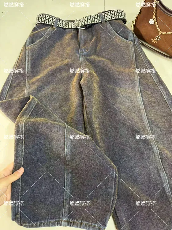 2025秋冬季阔腿高腰时尚设计牛仔裤阔腿裤弯刀裤