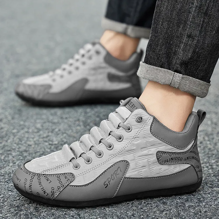 2025秋冬男鞋一脚蹬高帮大码皮面防水防滑软底爆款格子防滑潮鞋子