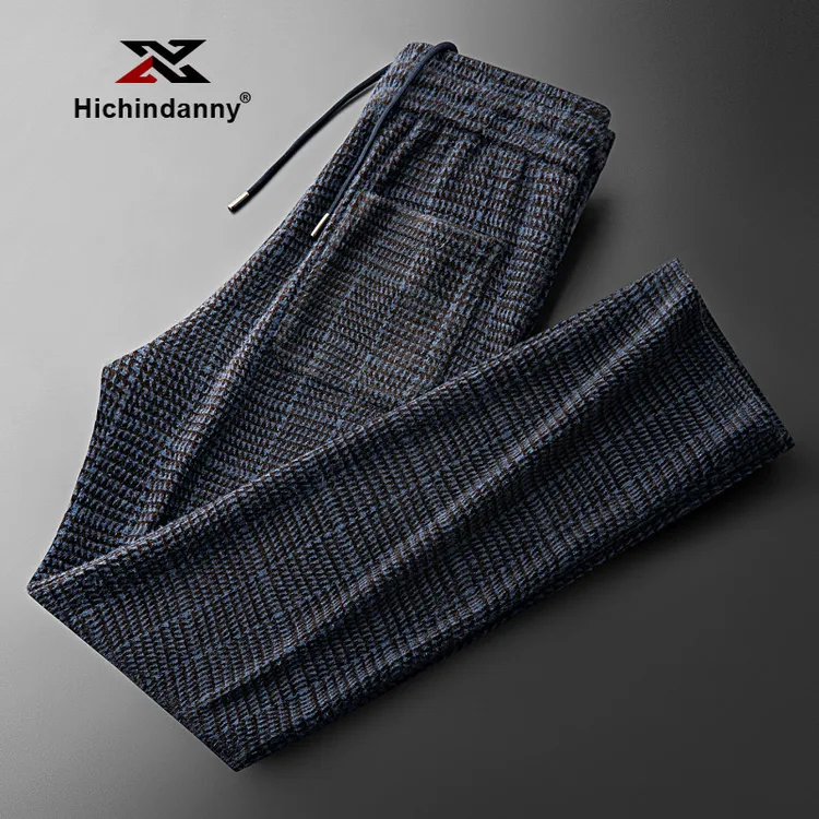 HICHIN加厚保暖运动裤子男士秋冬时尚千鸟格纹提花直筒卫裤休闲裤