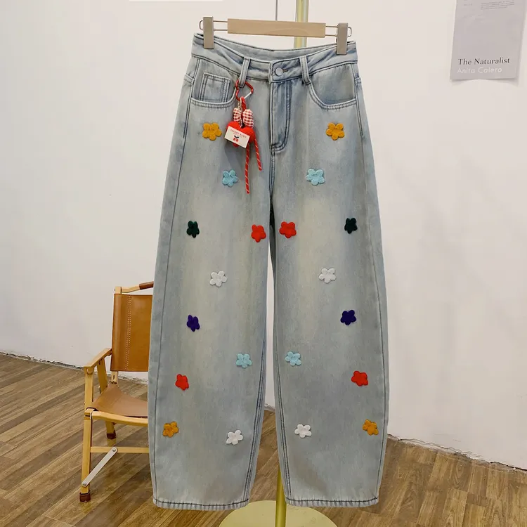 C5269加绒植绒小花蝴蝶结爱心挂件牛仔弯刀裤