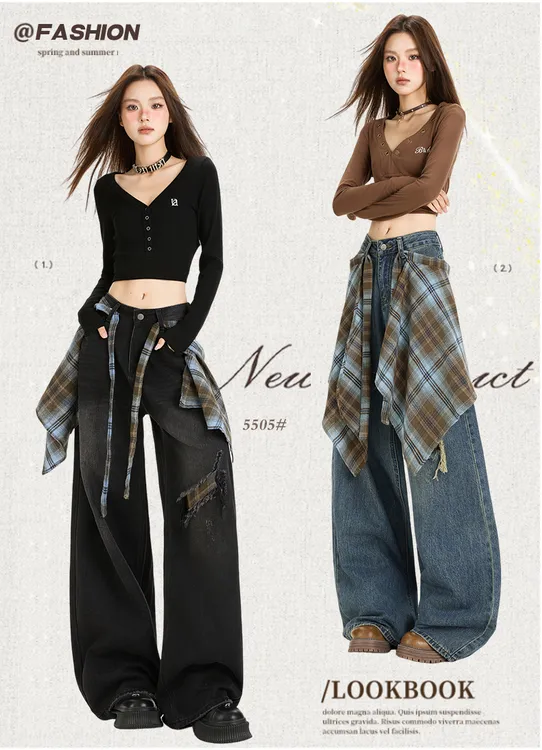 大码美式高街屁帘阔腿牛仔裤女2025秋季新款弹力显瘦假破洞直筒裤