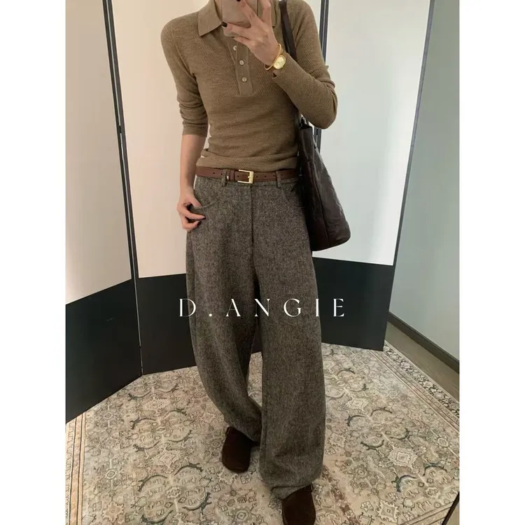 D.Angie【龙猫】5O精纺羊毛重磅弯刀裤老风复古做旧裤子XMAQ026