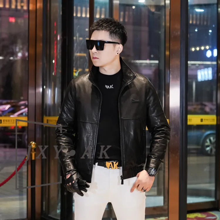 2025冬季新款男士立领山羊皮夹克时尚简约百搭保暖白鸭绒皮衣外套