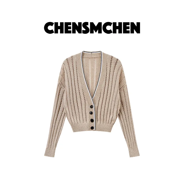 CHENSMCHEN 苎麻亮片长袖镂空时尚针织衫女休闲百搭上衣CSZ5115SL