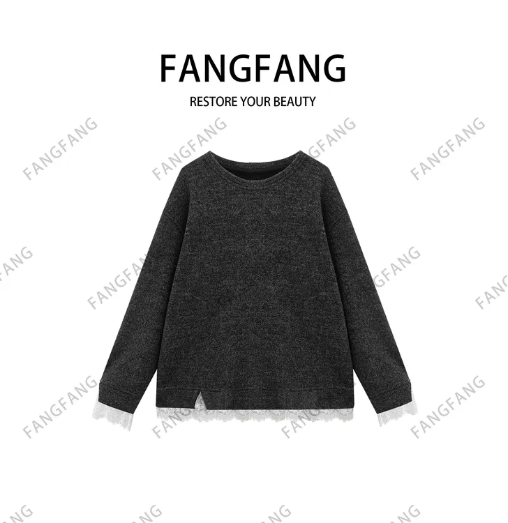 F.F嘻哈风落肩袖休闲风拼接蕾丝卫衣打底休闲时尚25500