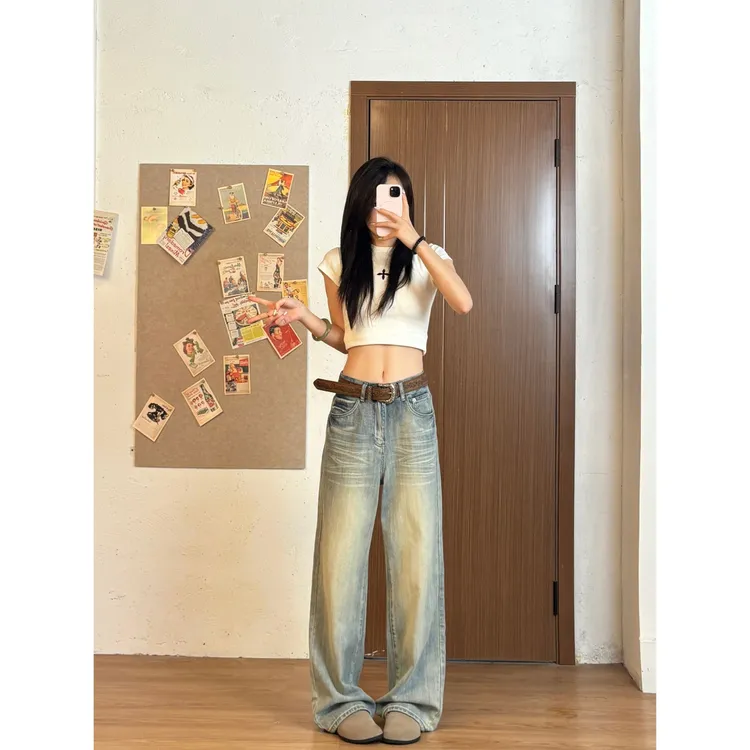 ❤秋冬新款牛仔裤女水洗蓝中腰阔腿做旧设计感显瘦-显腿长-直筒裤