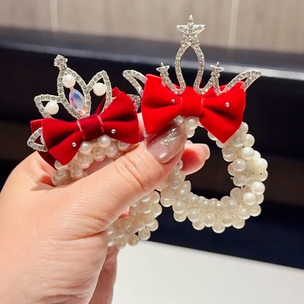 儿童红色蝴蝶结头绳皇冠珍珠发圈女童新年丸子头发绳发饰女孩发饰