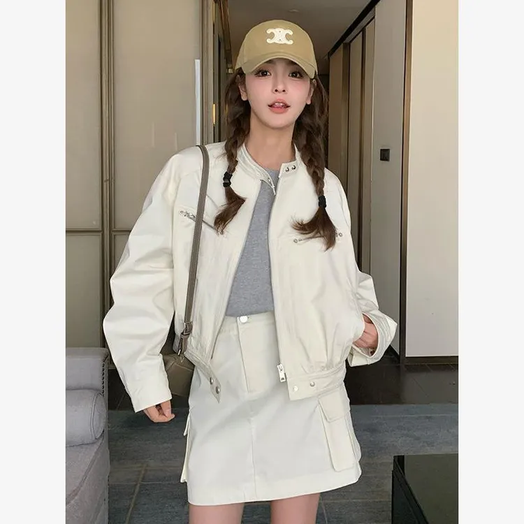 韩版棒球服牛仔外套短裙两件套春秋款时尚休闲洋气小个子夹克套装
