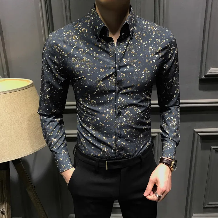 新款印花男士长袖衬衫春秋修身衬衣青年潮流休闲商务上衣免烫抗皱