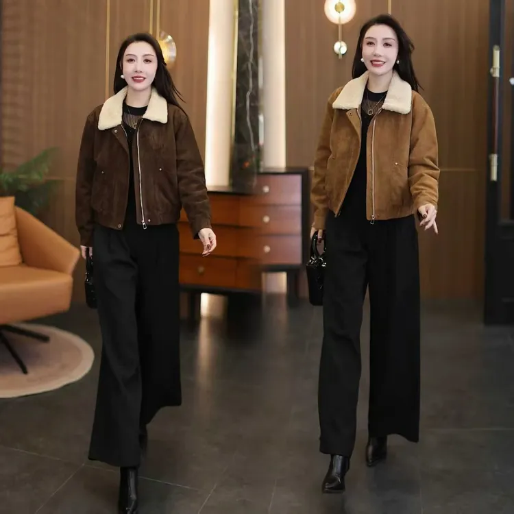 时尚麂皮绒棉服女2025冬季新款洋气显瘦夹棉保暖翻领棉衣棉袄外套